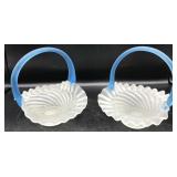 Pair of Satin Glass Baskets w/Blue Handle