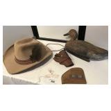 Cowboy Hat, Leather Holsters and Duck Decoy Cowboy Hat, Leather Holsters and Duck Decoy