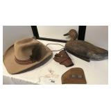 Cowboy Hat, Leather Holsters and Duck Decoy