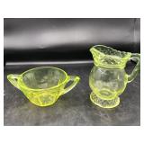 Vintage Green Vaseline Glass Sugar Bowl & Pitcher