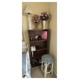 Wooden Shelf with Lamp, Stool, and Contents