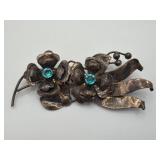 Sterling Silver Floral Brooch with Blue Stones