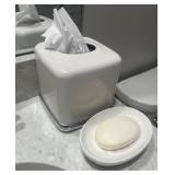 White Ceramic Tissue Holder w/Soap Dish