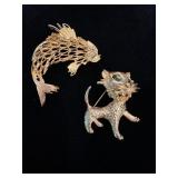 Vtg Gold-Tone Fish & Cat Brooch Setï¿½2.25