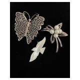 Vtg Brooches: Butterfly, Dove & Flower ï¿½2ï¿½2
