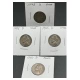 Three 1945-Dï¿½ & One 1950-D Scarce Jefferson Nickel