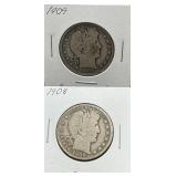 1908 & 1909 Barber Silver Half Dollars