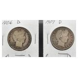 1906-D & 1907-D Barber Silver Half Dollars
