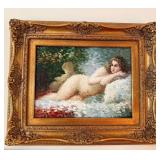 Framed Oil Painting of Nude Lying near a Bouquet