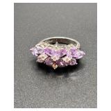 925 Silver Cluster Ring With Purple & Clear Stones