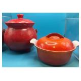 One Red and One Orange Enamel Lidded Pots