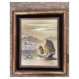 Oil on Canvas of Boats at Sunset, Signed by Artist