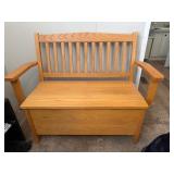 Oak Storage Bench with Hinged Seat and Slat Back