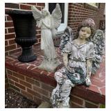 Decorative Black Planter and Concrete Angel Statue