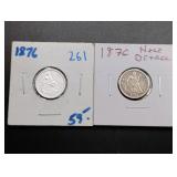 (2) 1876 Seated Liberty Silver Dimes