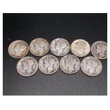 (9) Assorted Date Silver Mercury Dimes