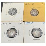 4pc 1937's Mercury Silver Dimes