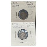 1901 and 1902 Canada Five-Cent Silver Coins