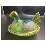 Green Iridescent Glass Hen on Nest