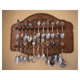 Wooden Display with Collection of Souvenir Spoons