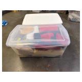 2 Plastic Storage Bins with Assorted Towels