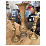 Etched Brass Vase With Two Brass Candleholders