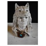 Ceramic Native American Bust w/ Wolf Headress
