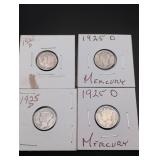 (4) 1925-D Mercury Silver Dimes