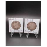 1907-D & 1908-S Barber Silver Half Dollars