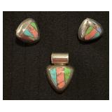 Inlaid Silver Earrings and Pendant Set