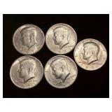 Five 1971 Kennedy Half Dollar Coins