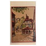 Framed European Village Embroidery, 1980