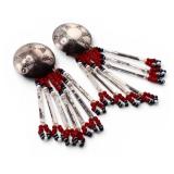 Vintage signed: Sterling Concho Red Fringe Earring
