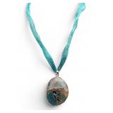 Druzy  Agate Pendant on Metal Mesh Ribbon Necklace