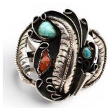 Vintage Sterling Feather and Stone Cuff Bracelet