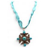 Filigree Turquoise Cross Pendant Ribbon Necklace