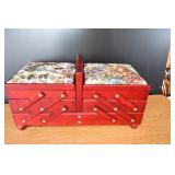 Vtg Wooden Sewing Box w/ Padded Top