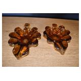Pair of Vtg MCM Hand Blown Amber Glass Leaf Dishes