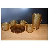 AH Soreno Amber Glass Pitcher, Saucers & Mugs