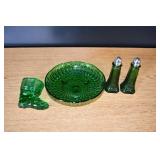 Green Cut Glass Bowl, S & P, Match Holder
