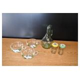 Vtg Glass Tea Cups, Cruet, & Jelly Jars