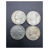 Four US Buffalo and Jefferson Nickels