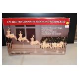 New 5pc Lighted Grapevine Sleigh & Reindeer Set