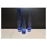 Set of 3 Cobalt Blue Blown Polish Glass Art Vases