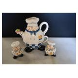 3 Pc Ceramic Chef Tea Pot & Salt & Pepper