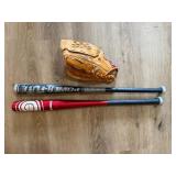 Softball Glove and Two Bats