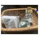 Basket of Christmas Decorations Including Snow Glo
