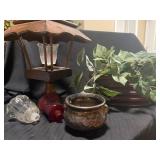 Decorative Items Including Wooden Lamp and Planter