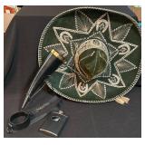 Green Embroidered Sombrero, Flask, and Drinking Ho