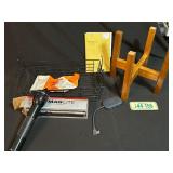 Items Including Maglite, Basket, and Stand